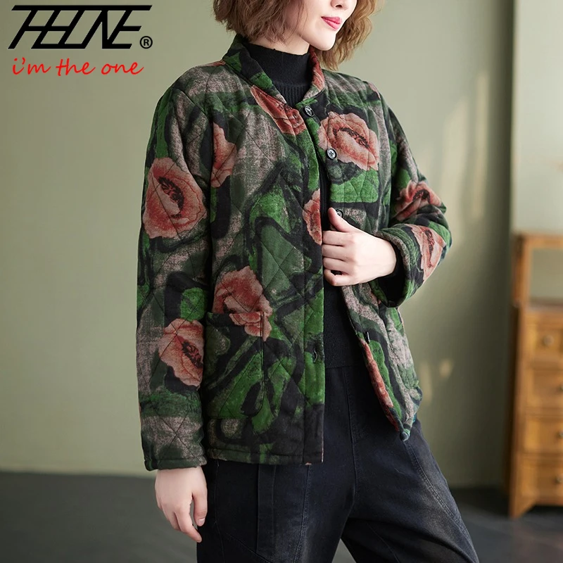 

THHONE Winter Jackets Parkas for Women 2025 Single breasted Vintage Indie Folk Stand Collar Print Floral Long Sleeve Loose Coat
