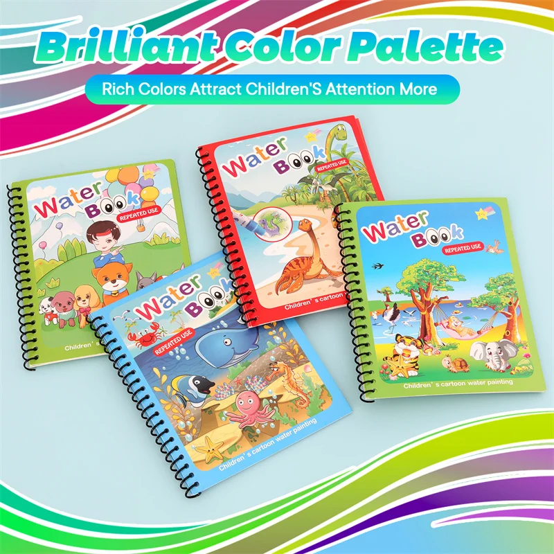 Water Drawing Books Educational Toy For Kids Toddlers Reusable Water Graffiti Coloring Cardbords with Pen Magical Drawing Kits