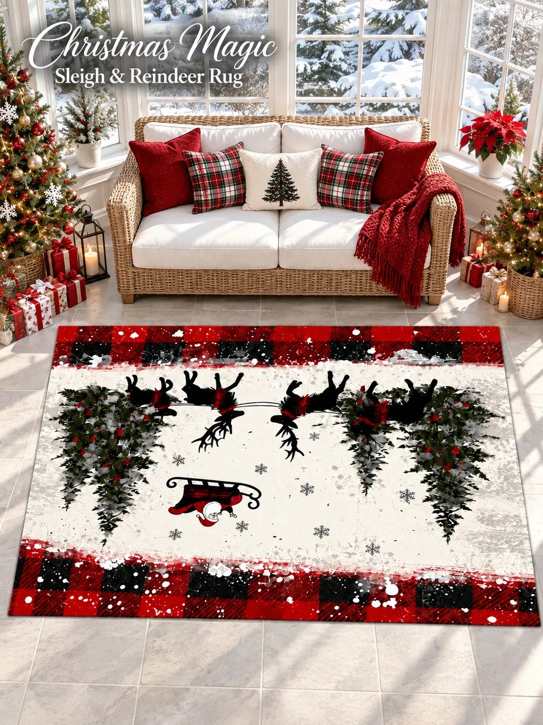 Christmas Rug Santa Sleigh Reindeer Forest Floor Decor Carpet Living Room Bedroom Dining Area Entryway Apartment Cabin Winter Home Accent Beside Sofa Coffee Table Housewarming Birthday Gift for Family Friends Neighbors Sisters Holiday Celebrations