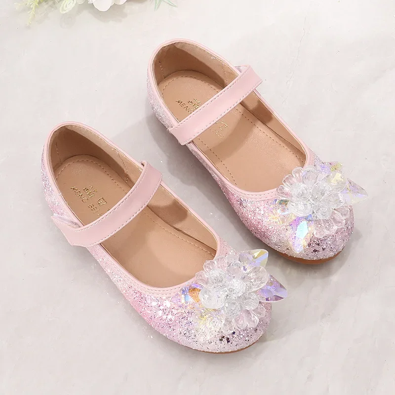 

2025 Spring New Baby Girls' Crystal Princess Shoes Soft Sole Flat Girl's Leather Shoes Children's Dance Performance Shoes