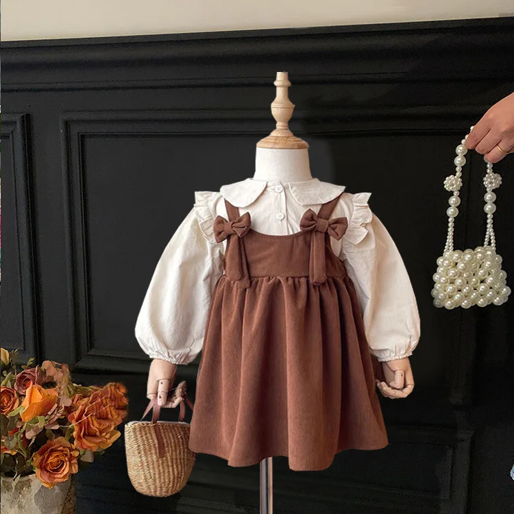 

Little Girl Suits Dress Spring and Autumn Style Baby College Style Princess Dress Little Girl Shirt Strap Skirt Two-piece Set