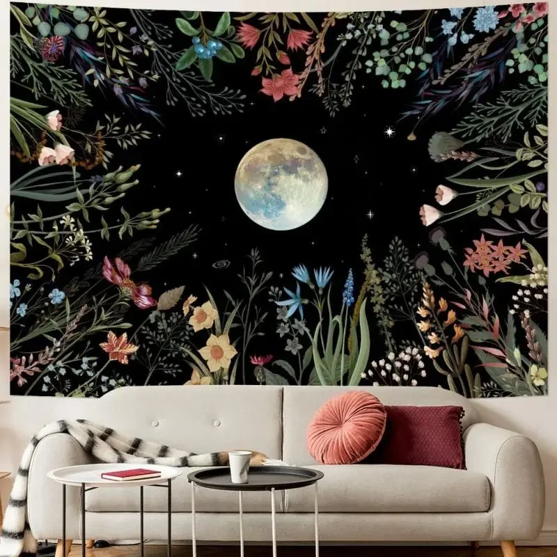 VIKAMA Moon Garden Tapestry Colorful Wildflowers Full Moon Starry Night Wall Hanging Botanical Boho Wall Art Dorm Decor