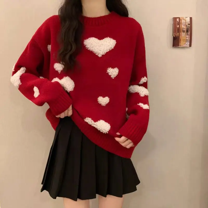 Red Heart Sweater for Women Autumn Winter Loose Slimming Soft Knitted Base Shirt Top New Year's Fashion Casual Wear Sweet Chic