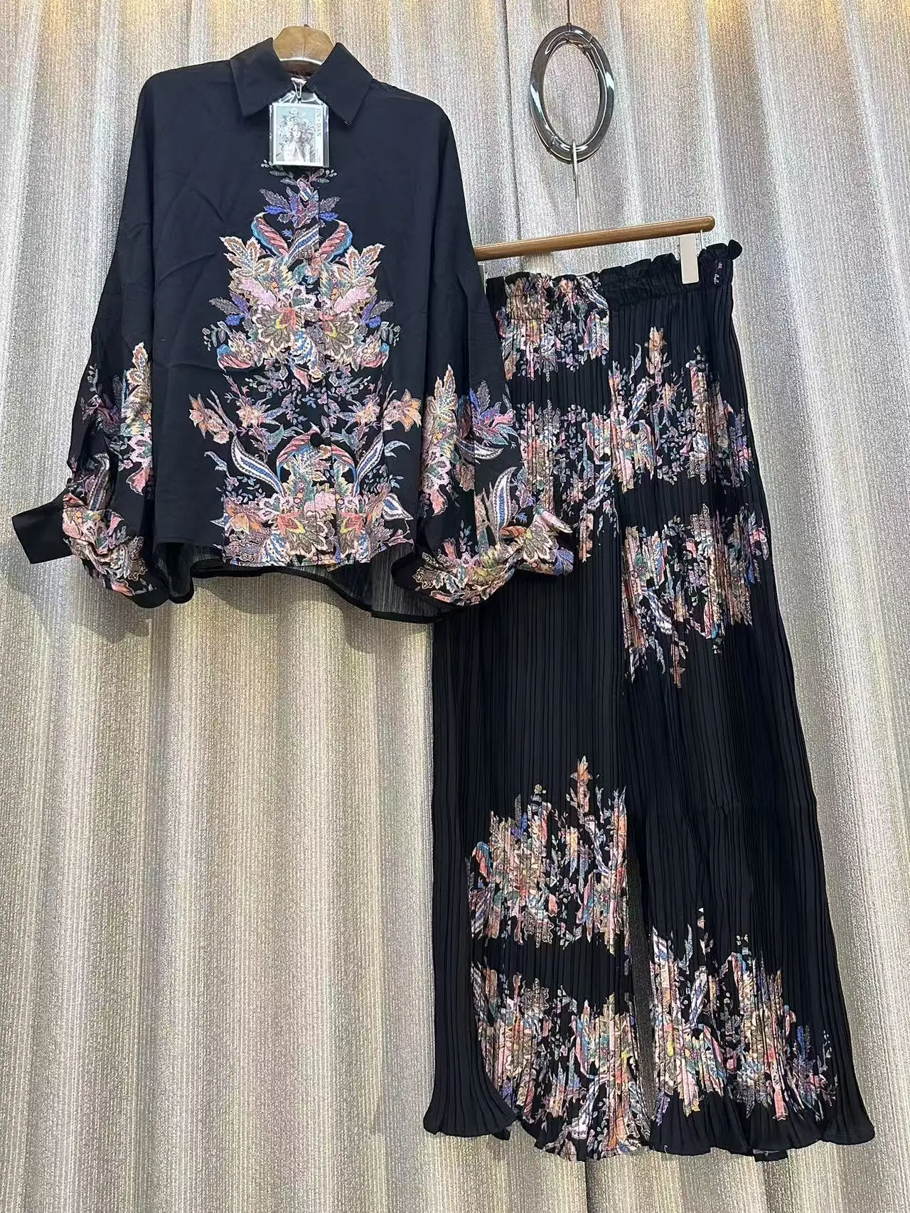 

New Fashion Women Pajamas 2-piece Sets Batwing Sleeve Printed Shirt Top High Waist Casual Wide Leg Pants Two-piece Set Sleepwear
