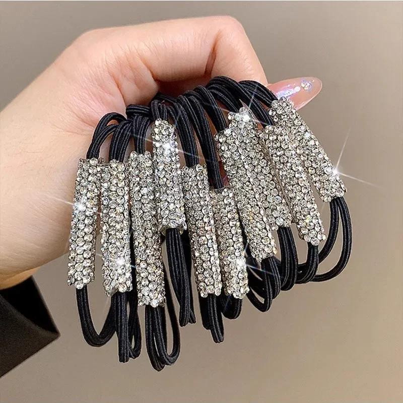 New Fashion Hot Sale Women Diamonds Black Shiny Rhinestone Hair Ties Seamless Rubber Band Elastic Hair Rope Headwear Accessories