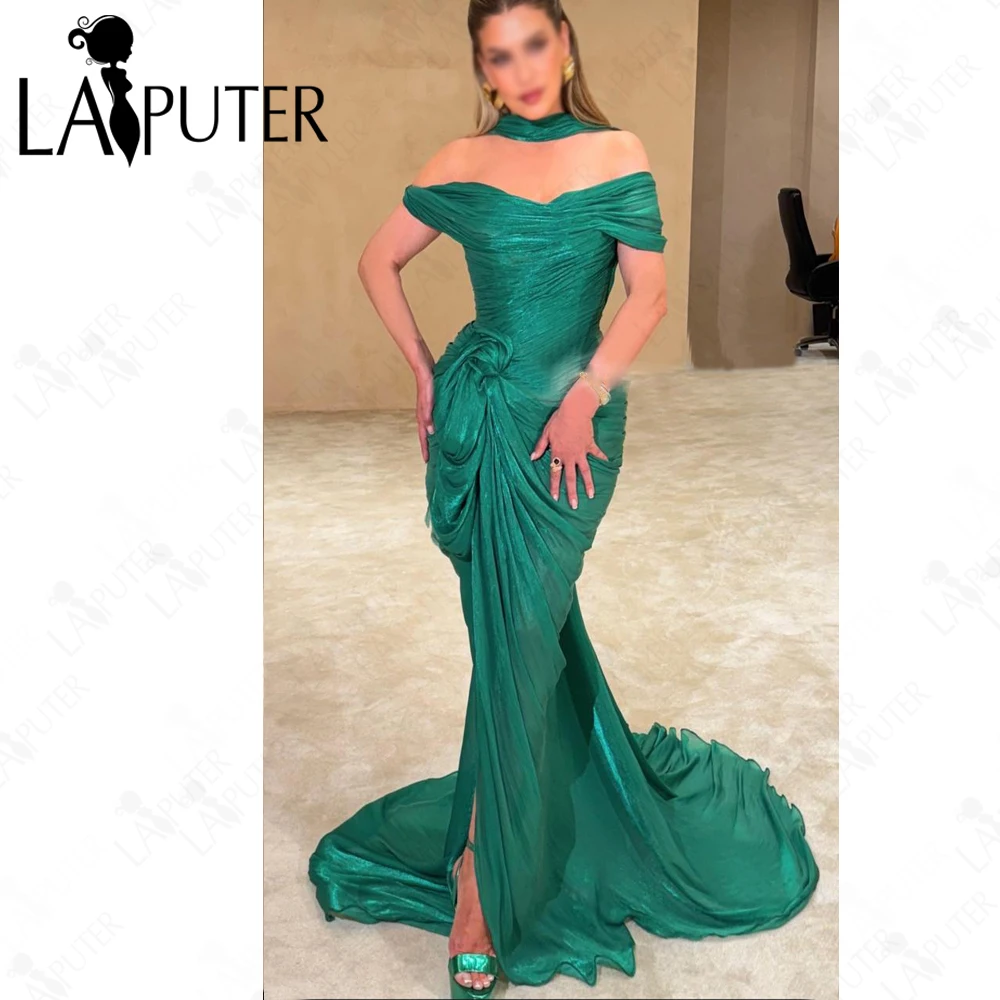 

Teal Mermaid Evening Dresses Off Shoulder Ruched Long Flowing Prom Dress Wide Sleeves Draped Slit Woman Formal Dress Laiputer