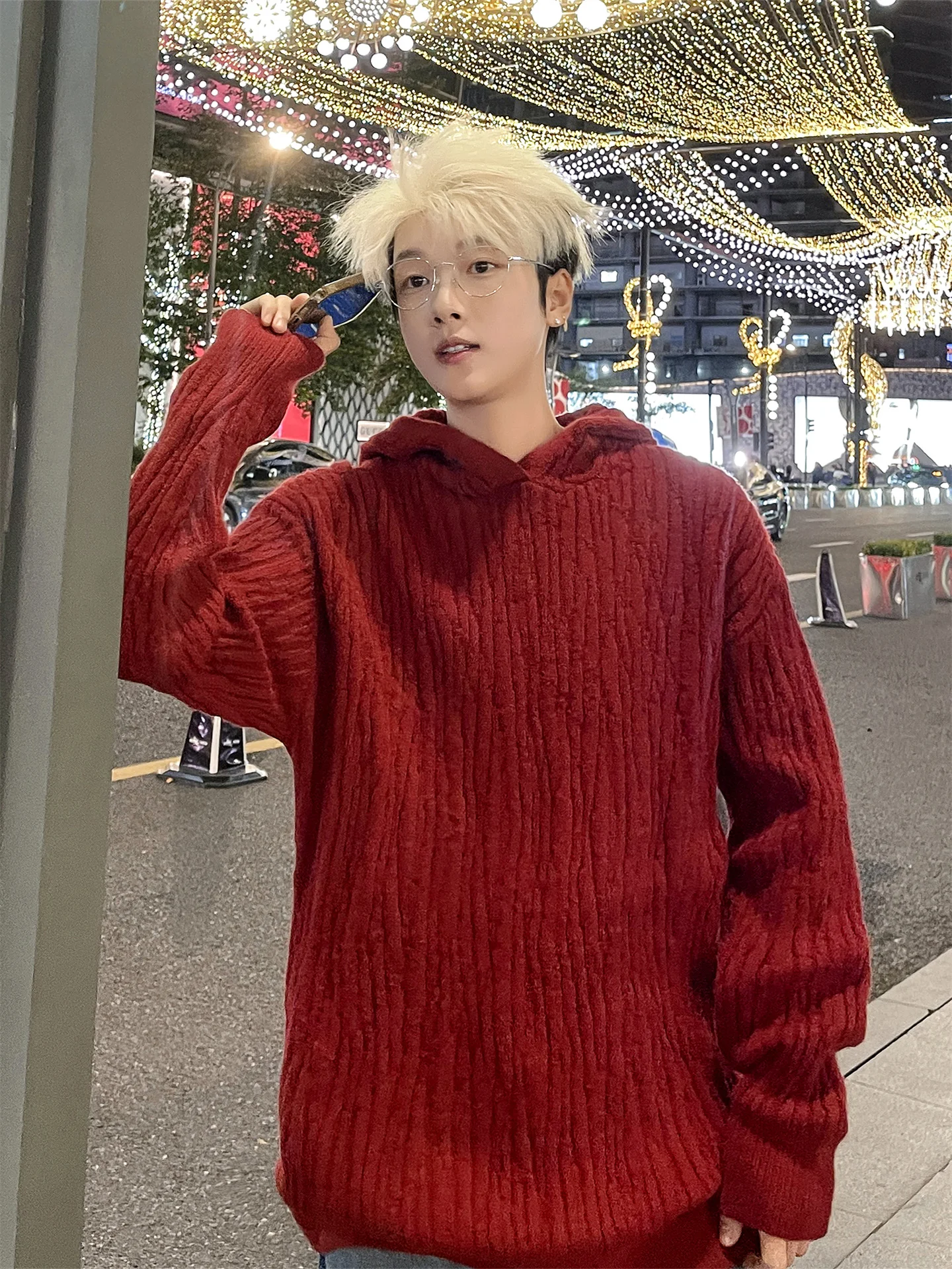 

Red New Year Hooded Knitwear Men's Autumn Winter Warm Casual Loose Fit Long Sve round Ne Pullover Lazy Sle Knitted Swe...