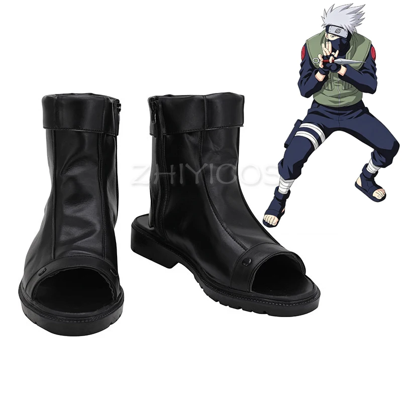 New Anime Black Open Toe Mid Calf Ninja Cosplay Boots Side Zipper Kakashi Costume Footwear for Halloween Party