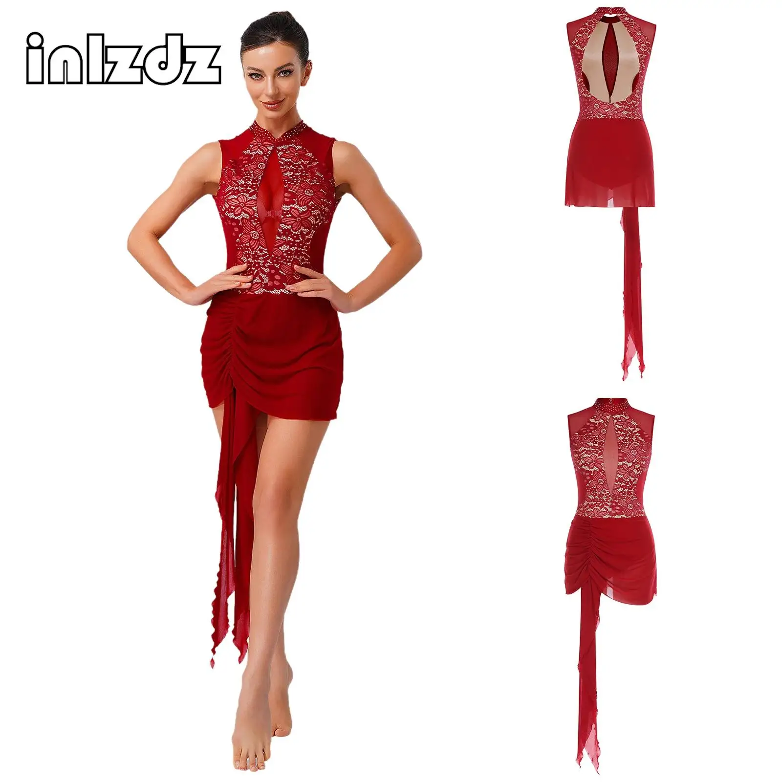 

Womens Lyrical Dance Dress Adult Contemporary Clothes Floral Lace Backless Irregular Mesh with Side Ruched Built-in Briefs Dress