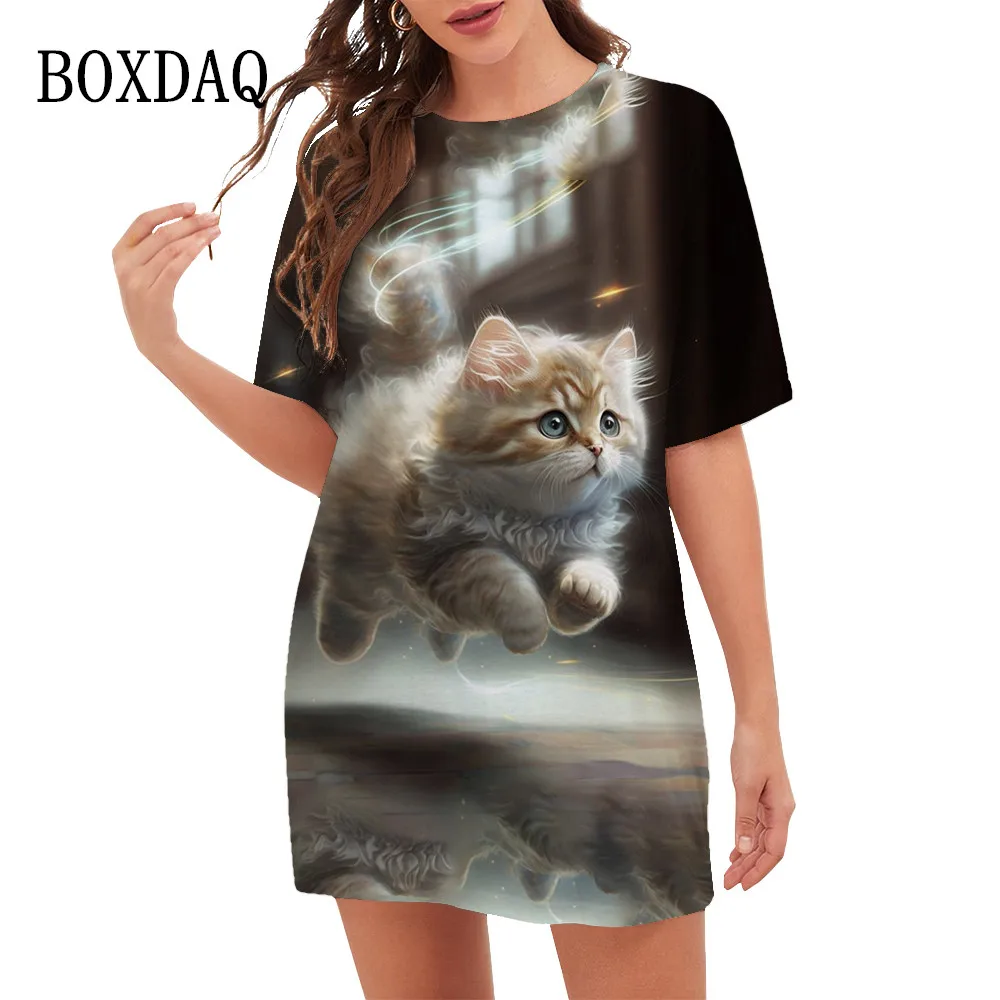 Classic Style Running Cat Dresses Fashion Funny Women Cat Pattern 3D Print Dress Summer Oversized Short Sleeve Loose Mini Dress