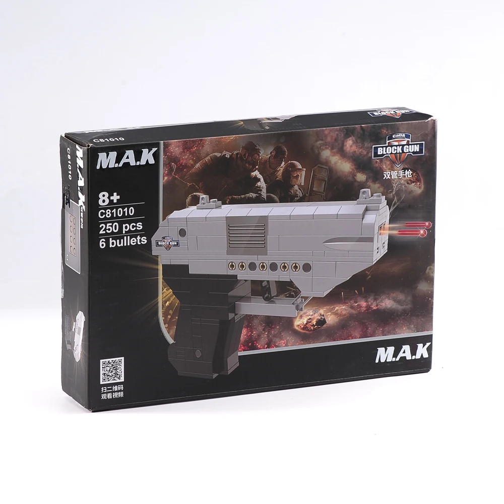 250 Pcs Double Barreled Pistol Building Block Toy Assembly Puzzle C81010 Model with 6 Bullets For Boys Gift