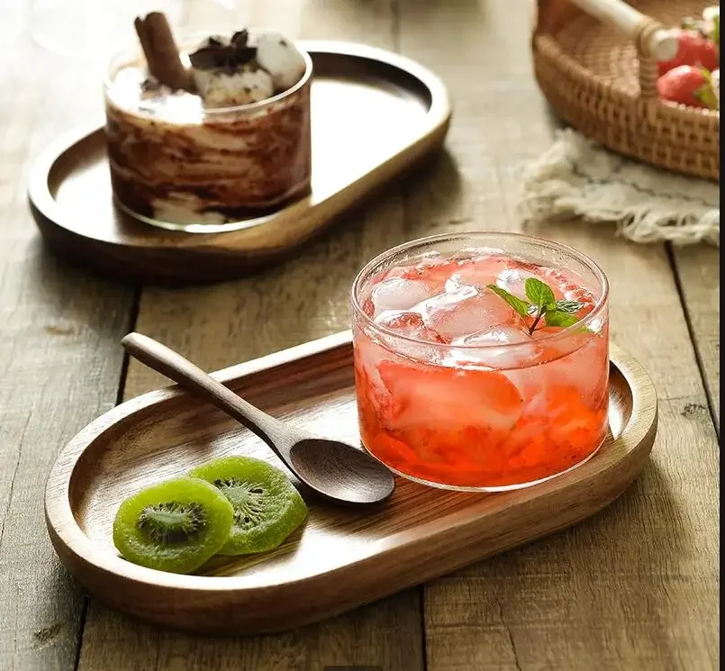 Glass Cup Dessert Bowl Transparent Cover Wooden Pallet Cake Pan Breakfast Snack Tray Fruit Plate Refreshment