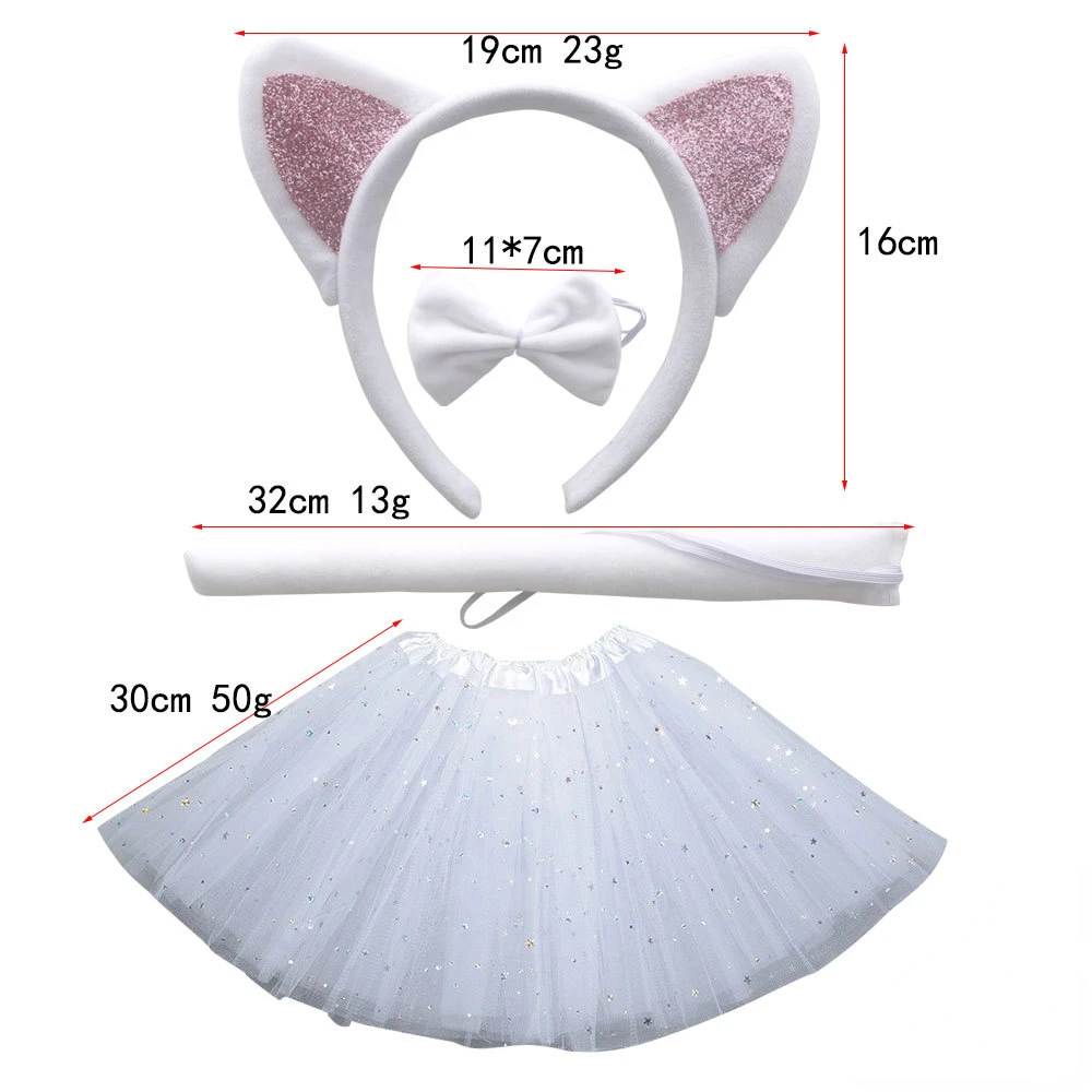 Children Girls Kids Cat Ear Headband Bow Tie Tail Animal Tutu Skirt  Hair Accessories  Headwear  Halloween Costume Cosplay