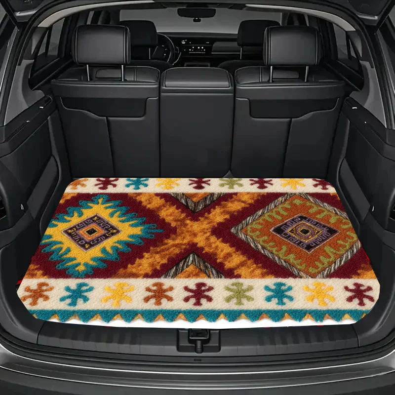 Universal Car Trunk Mat, Southwestern Boho Handcrafted Hooked Rug Runner, Plush Loop Pile Texture, Teal Blue Tan Cream Border Wi