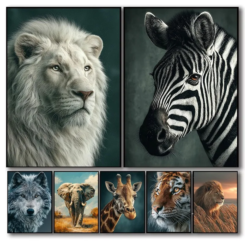 Galería de retratos de animales elegantes, arte de pared, elefante africano, león, cebra, estampado de safari, tigre, lobo, bosque