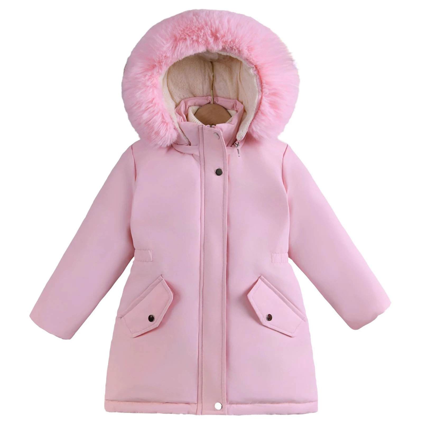 

Girls Thick Parka Long Coats Winter Cotton-Padded Jacket Kids Puffer Hooded Coat Children's Warm Overcoat Fleece Lining Outerwea