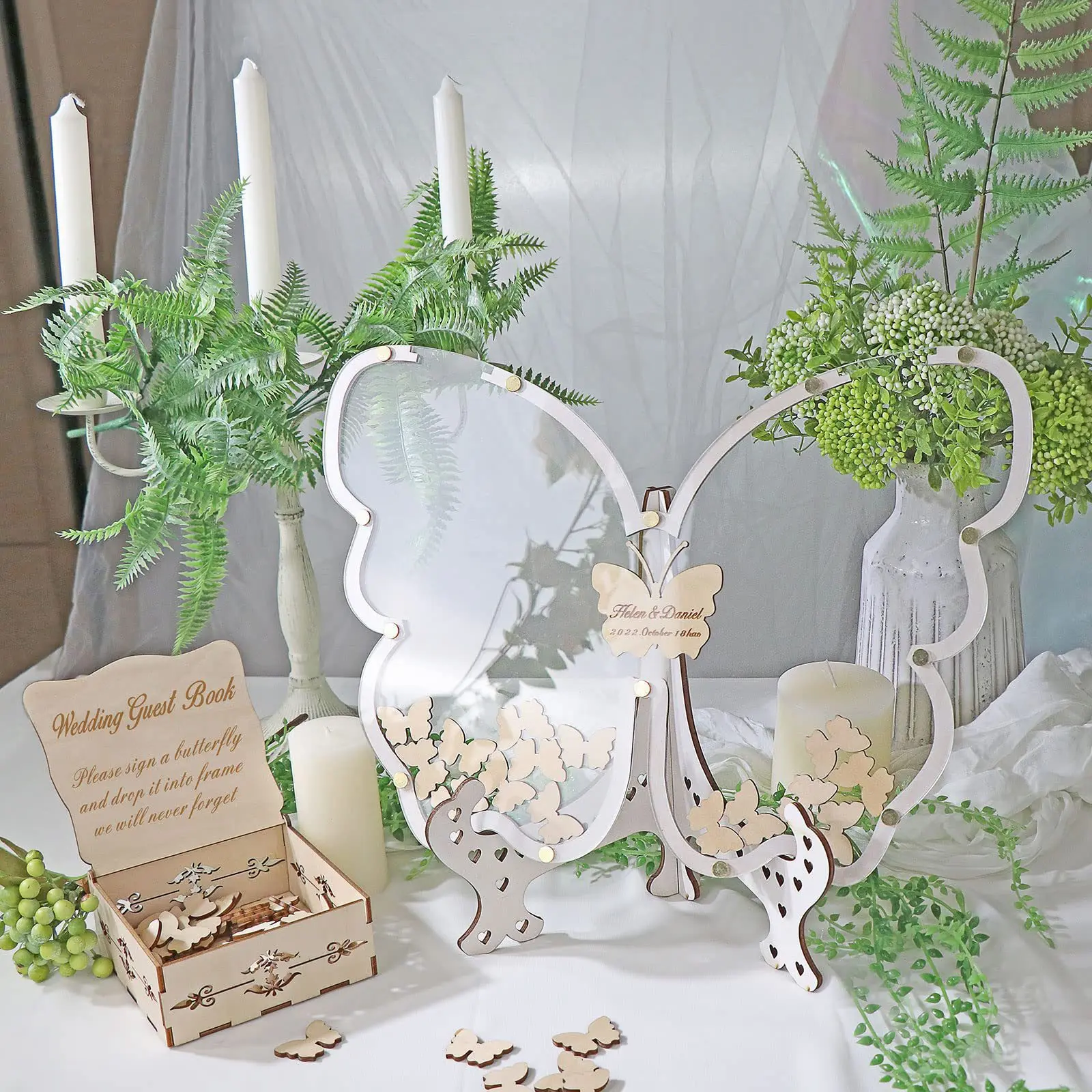 Wedding Message Keepsake Set Butterfly Wooden Guestbook Table with Clear Acrylic Wish Box Sign-In Station for Reception Decor