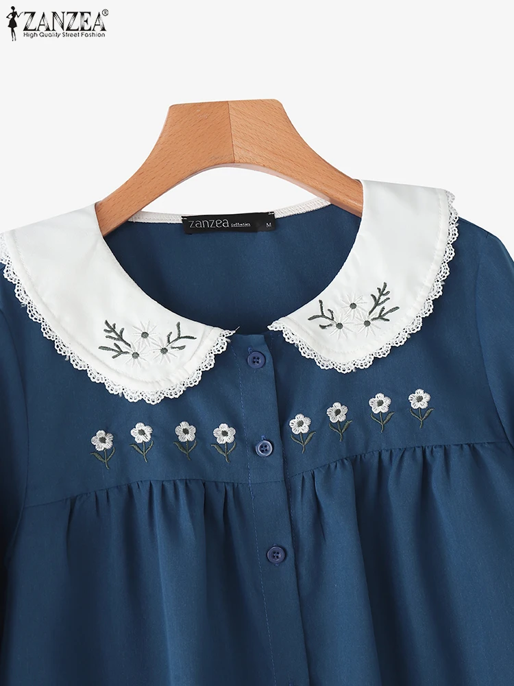 ZANZEA 여성 블라우스 패션 긴 소매 프린트 셔츠 2025 가을 피터팬 칼라 우아한 플리츠 튜닉 탑 휴가 블라우스