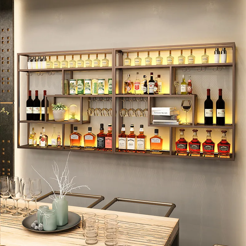 

Bar with lamp rack cabinet wall-mounted display restaurant wall-mounted wrought iron multi-layer