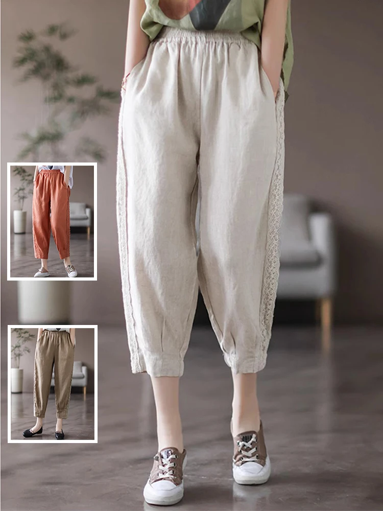 

Летние повседневные однотонные хлопковые и льняные шаровары большого размера, женские кружевные универсальные брюки-морковка из девяти предметов