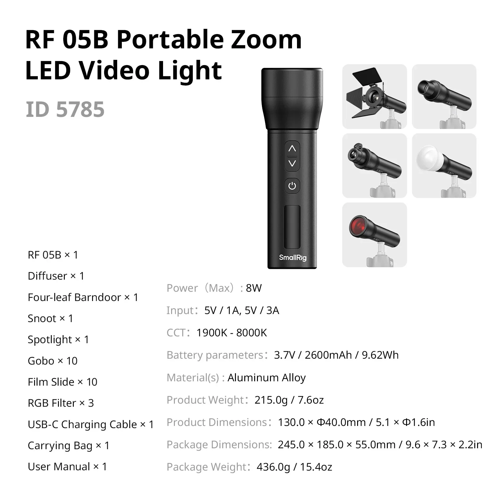 

SmallRig RF 05B Portable Zoom LED Video Light CRI 96+ 1900K-8000K OLED Display Creative Spotlight Flashlight for Content Creator