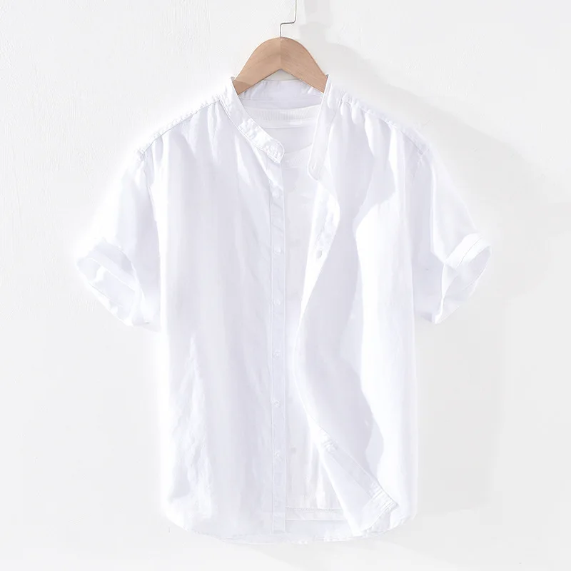 

Loose Fit Linen Cotton irt Thin ort Sve Stand Collar Summer Menswear Basic Color Japanese Sle Casual Faion