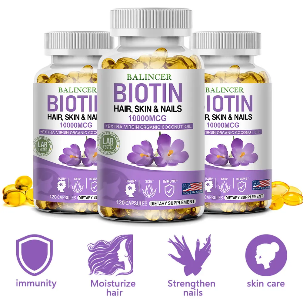 

Balincer Biotin Supplement with Organic Coconut Oil - Supports Keratin for Healthier Hair & Skin, 10,000mcg, 30/60/120 Softgels