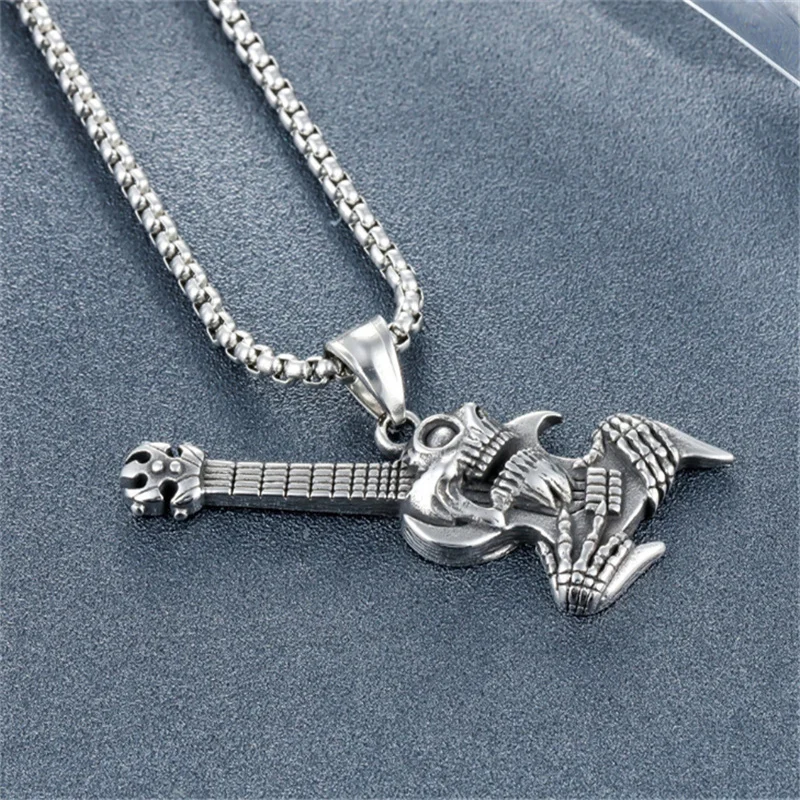 2022 Fashion New Skull Rock Guitar Pendant Necklace Men Stainless Steel Personality Unique Design Necklace Jewelry Party Gift