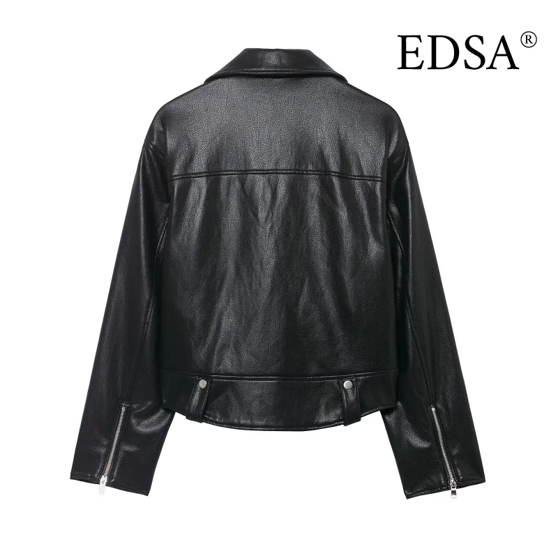 EDSA 여성용 PU 블랙 프론트 지퍼 재킷 캐주얼 라펠 넥 긴 소매 여성 코트 아우터웨어