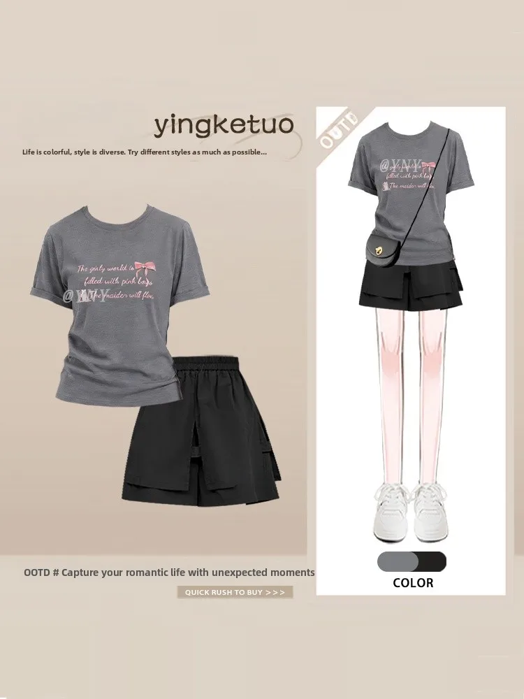

Loose Printed round Neck T-Shirt Women's Skirt Set Summer Casual Style Fashionable College Look plus Size Clothing Set