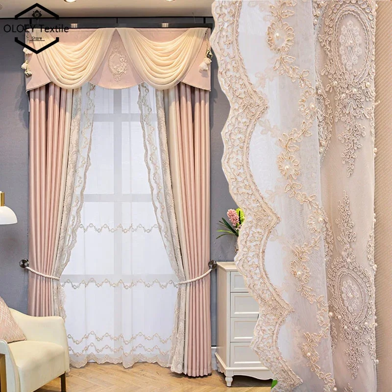 

OLOEY Korean Princess Style Light Luxury Pearl Lace Curtains for Living Room Bedroom Wedding Decor French Pink Blackout Custom