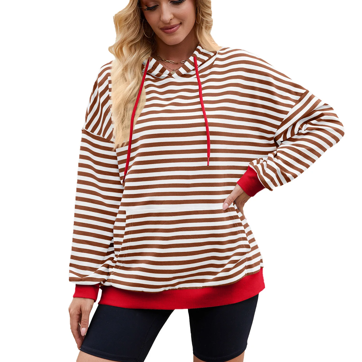 2025 Streep Contrast Kleur Casual Capuchon Losse ket Hoodie Dames Lange Sve Cleanfit Polyester T-shirt oulder Pad