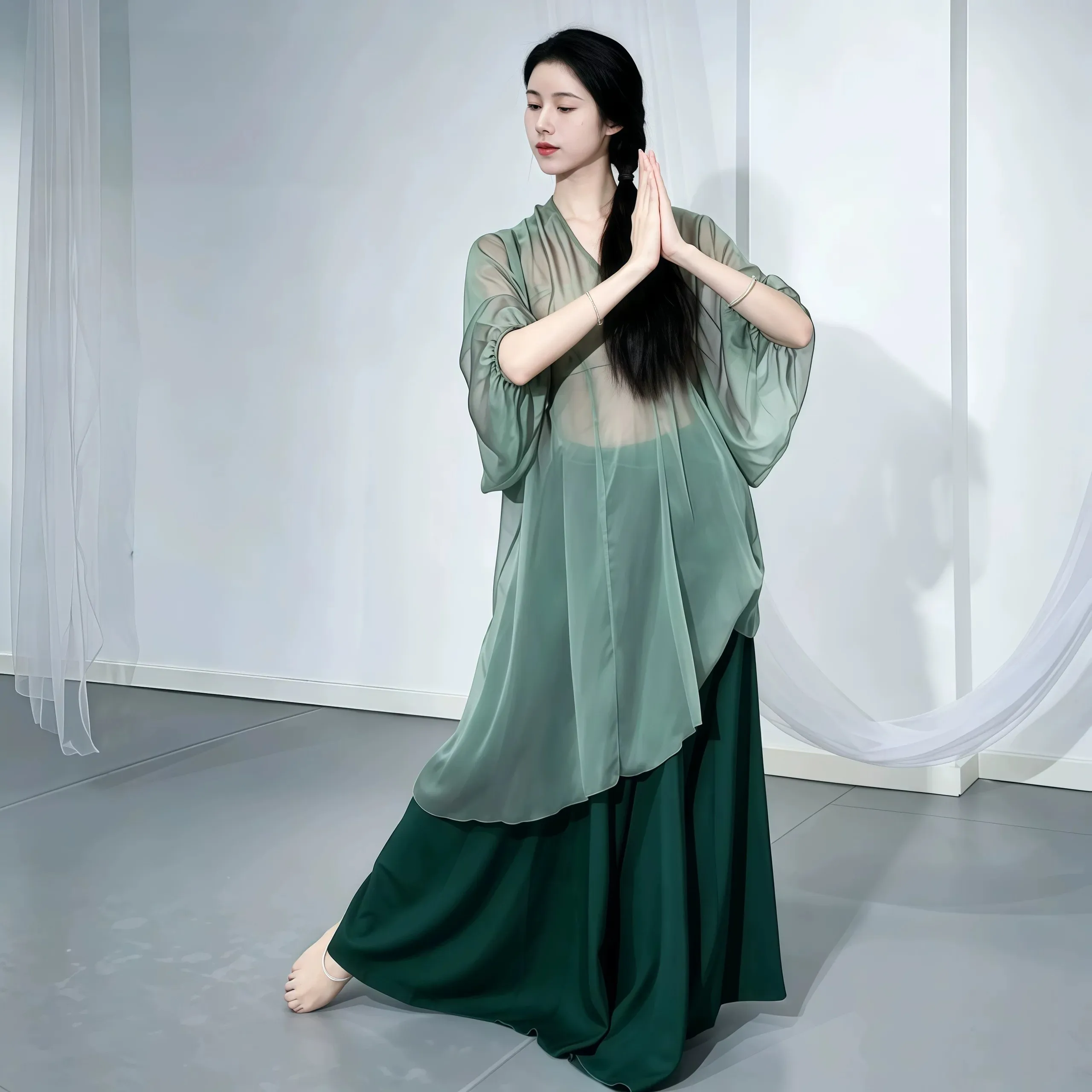 elegant-classic-dance-costume-lightweight-drifting-green-big-skirt-performance-practice-women's-clothing-breathable-hand-wash