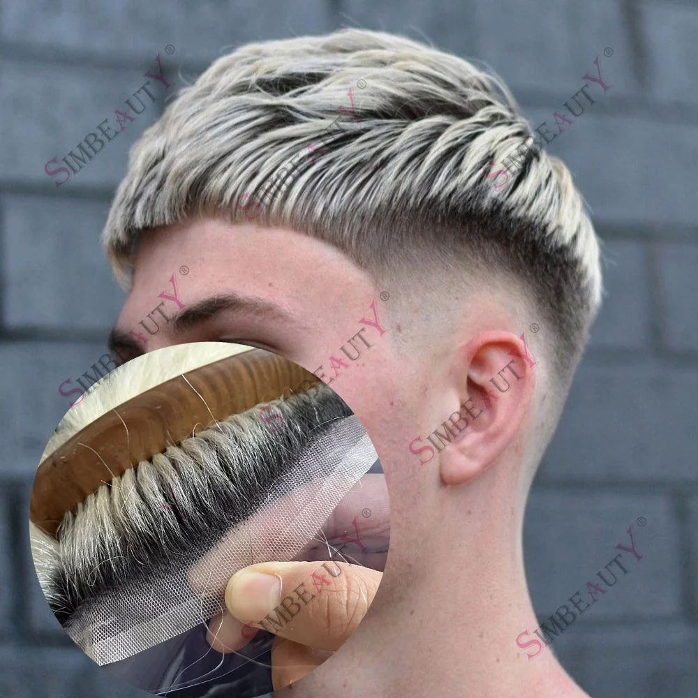 New Full Lace 1BT60R# Men's Toupee Swiss Lace Human Hair System Ombre Platinum Blonde Undetected Breathable Capillary Prothesis