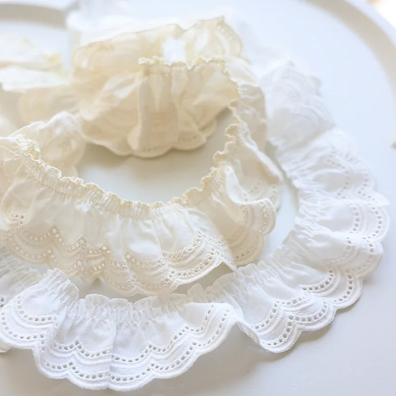 2Yards Cotton Pleated Fabric Embroidered Lace Guipure, Neckline Cuffs, Ruffle Trim, DIY Sewing Decor
