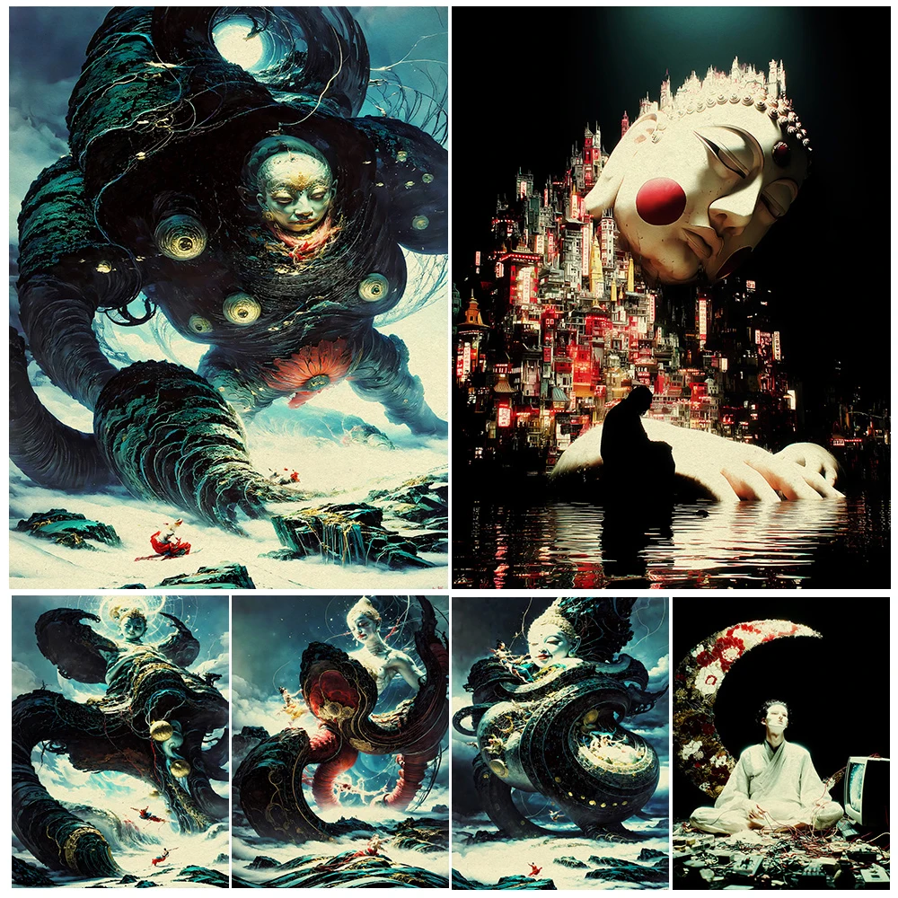 

Psychedelic Buddhist Fantasy & Cyberpunk Gothic Wall Art Canvas Painting, Surreal Eastern Occult Art Poster Print Home Decor