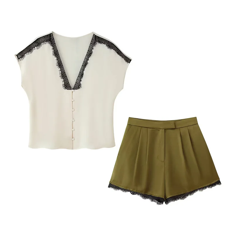 Color Matching Lace Silk Satin Texture Shirt Shorts Two-piece Set