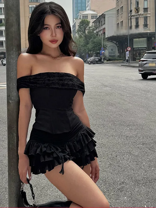 

Летний облегающий комплект с юбкой, женский модный повседневный топ на одно плечо, однотонный топ без рукавов с многослойными складками