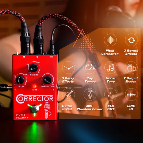 Imagen 2 del producto FLAMMA FV01 Procesador de efectos vocales Corrección de tono con efectos de reverberación de retardo para amplificador de micrófono Stompbox Guitar