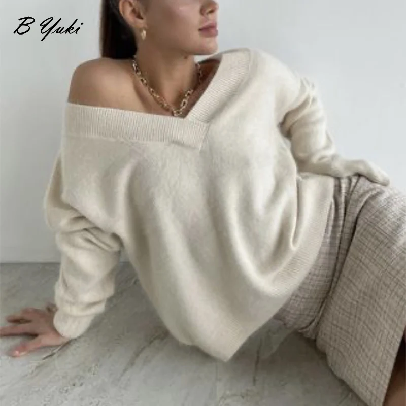 Blessyuki Soft Cashmere Sweater Women 2023 New Casual Loose V-Neck Basic Knitted Pullovers Female Korean Simple Lazy Jumper Tops