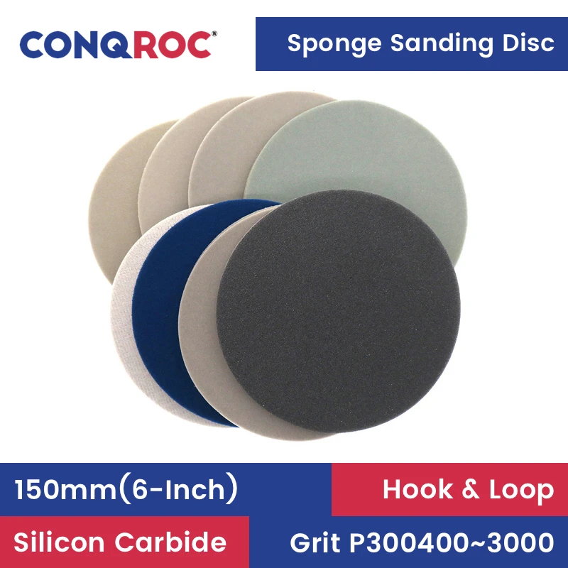 150mm(6-Inch) Sponge Sanding Discs Silicon Carbide Hook & Loop Dry and Wet Abrasive Papers 10-Piece P300400~3000