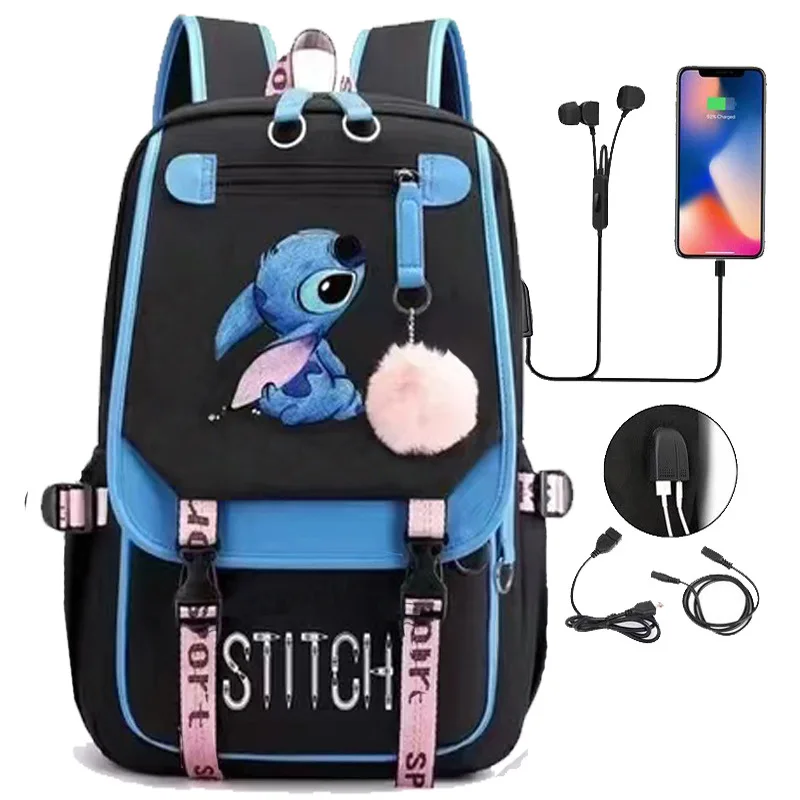 Plecak Stitch USB ładowanie torby szkolne nastoletnie dziewczęta chłopcy plecak na laptopa damski plecak podróżny Mochila prezenty urodzinowe