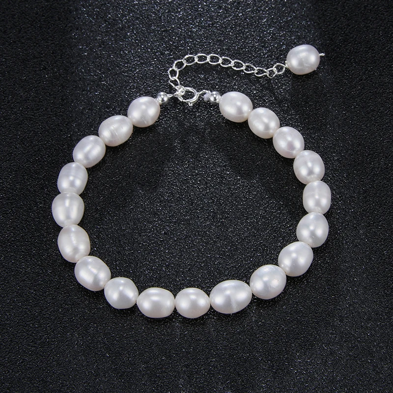 HENGSHENG Simple 7-8mm Natural Freshwater White Pearls Drop Shape 925 Sterling Silver Bracelet AA For Women Girls Jewelry Gifts