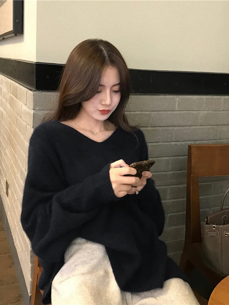 

Red Thiened Women's Sweater Autumn Winter New Sle Unique Lazy Faionable Loose Fit V-Ne Long Sve Knitwear