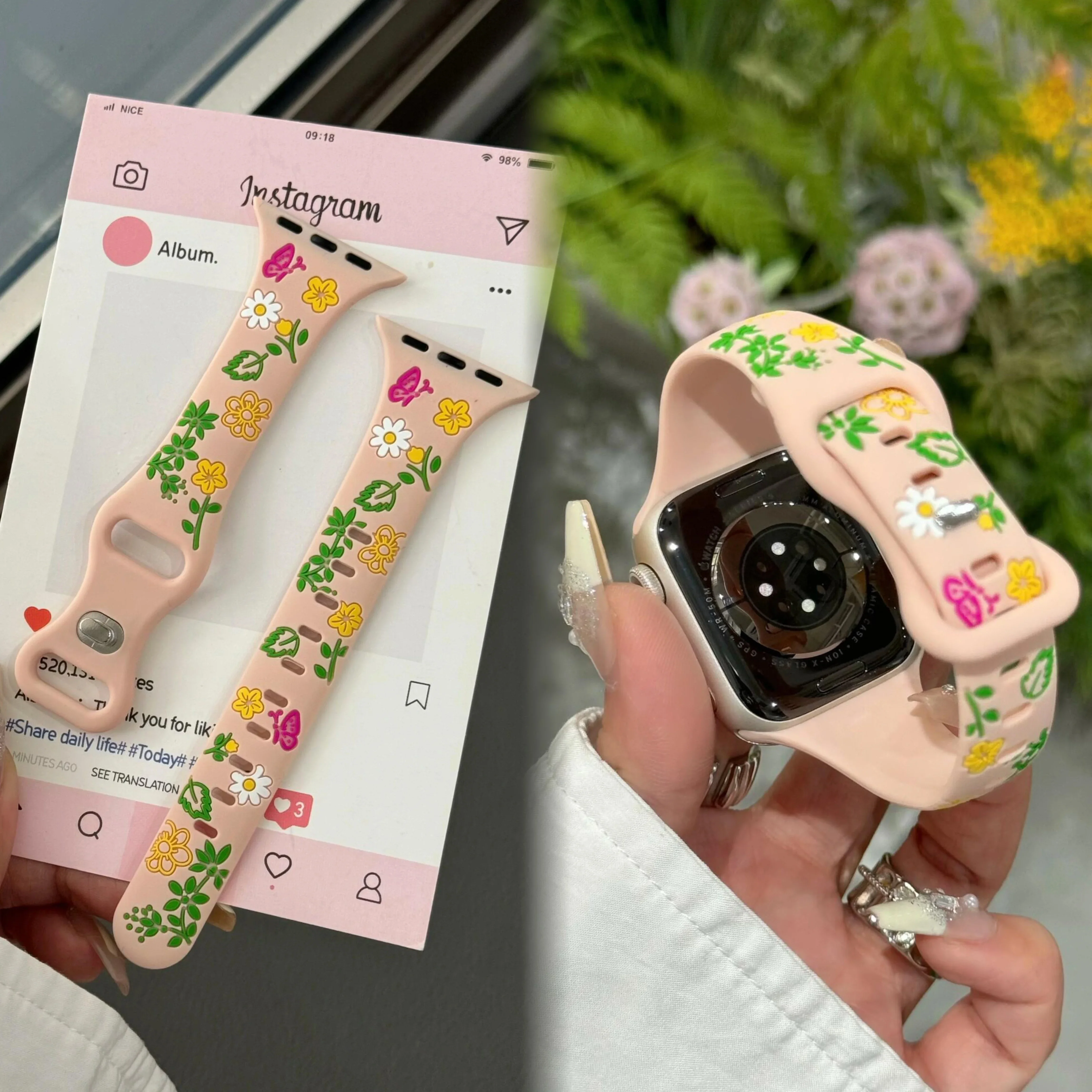 Модный силиконовый ремешок с цветком для Apple Watch, женский ремешок серии 10/9/8/7/6/5/4, 38 мм, 40 мм, 41 мм, 42 мм, 44 мм, 45 мм, 46 мм, 49 мм