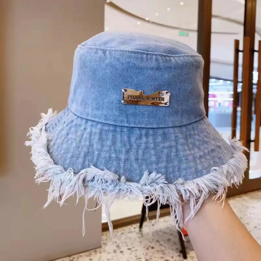 Women Bucket Hat Ripped Edge Distressed Denim Large Brim Lightweight Panama Girls Beach Travel Outdoor Fisherman Hat