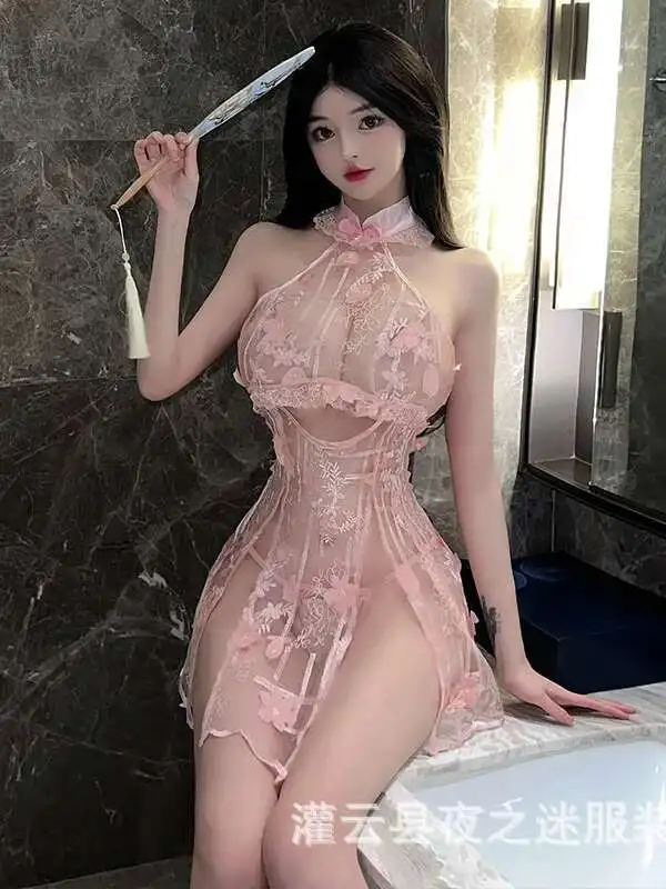Cheongsam Mesh Lace Mini Dress Halter Neck Sheer Transparent Sweet Tops High Slit Sexy Uniforms Nightwear Dress Elegant 875Q