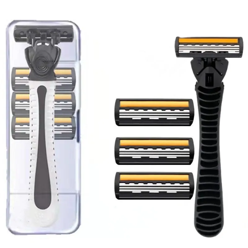 (1Holder+4Blades+1Box) Travel Set Manual Stainless Steel Safety Razor Men 3 Layer Shaver Blades Body Face Hair Removal Knife