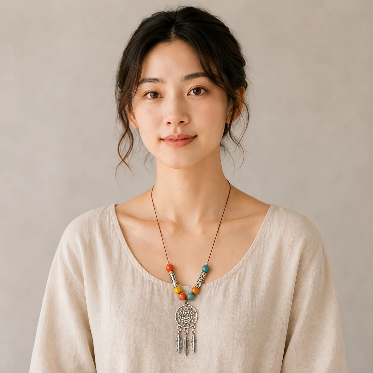 Handmade Ceramic Bead Necklace Waxed Cord Handwoven Alloy Mesh Pendant Adjustable Artisan Statement Jewelry 608P3-04