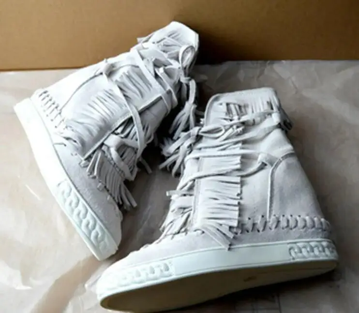 Roman Women Cow Suede High Top Tassel Lace-Up Ankle Boots Ladies Hidden Height Increased Fringed Tongue Inner Wedge Sneakers